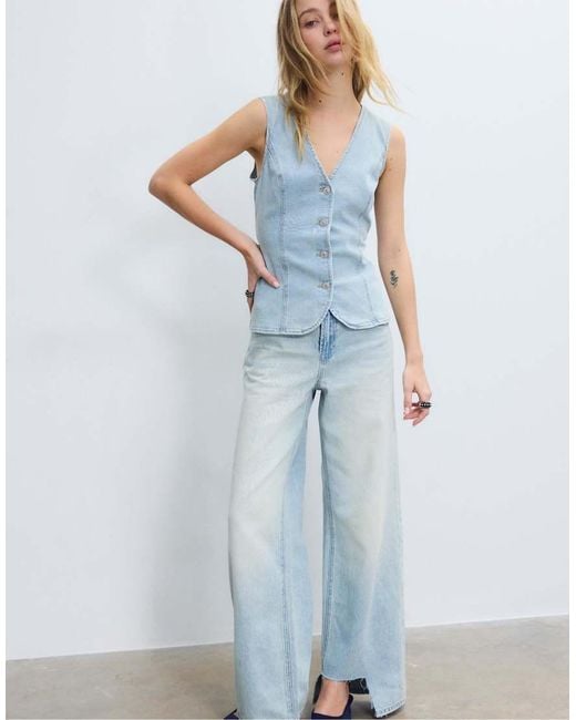 Stradivarius Blue Fitted Denim Top