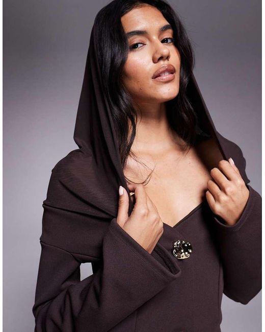 ASOS Purple Double Hem Detail Mini Dress With Chunky Gold Button Front And Mesh Shoulder And Hood Cowl