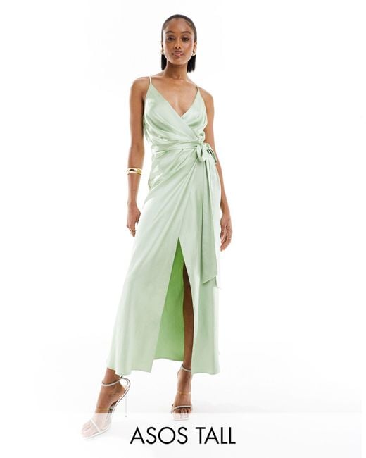 Tall - robe caraco portefeuille longueur mollet en satin - sauge ASOS en coloris Green