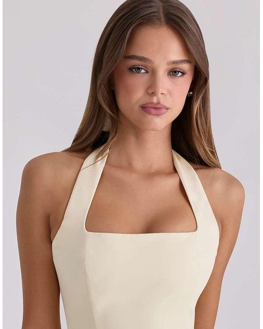 House Of Cb Natural Tallulah Lemon Halter Neck Cotton Midi Dress