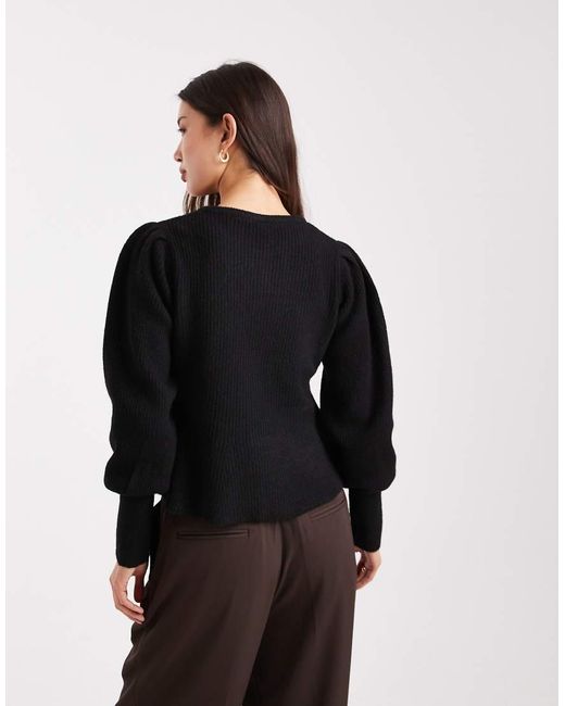 Pieces Black Cinched Waist Balloon Sleeve Cardigan With Hammered Buttons