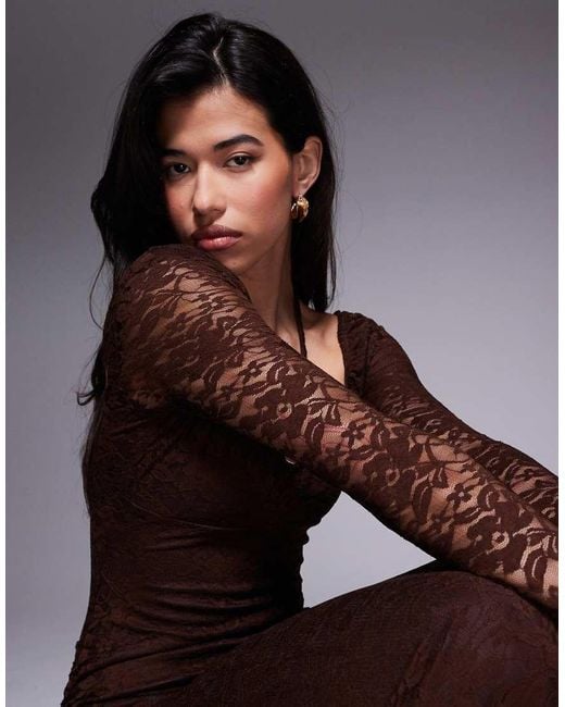 ASOS Brown Lace Long Sleeve Tie Front Midi Dress