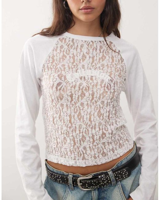 Collusion White Mixed Texture Lace Raglan T-Shirt