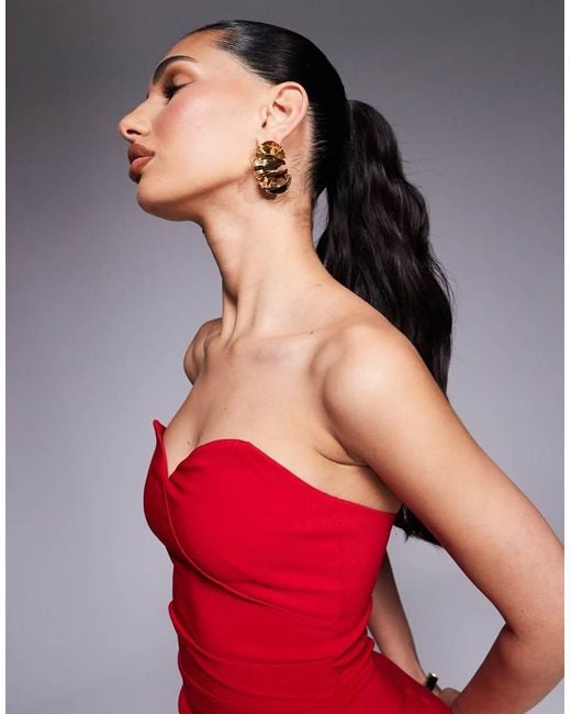 Vesper Red Bandeau Sweetheart Neckline Midi Dress