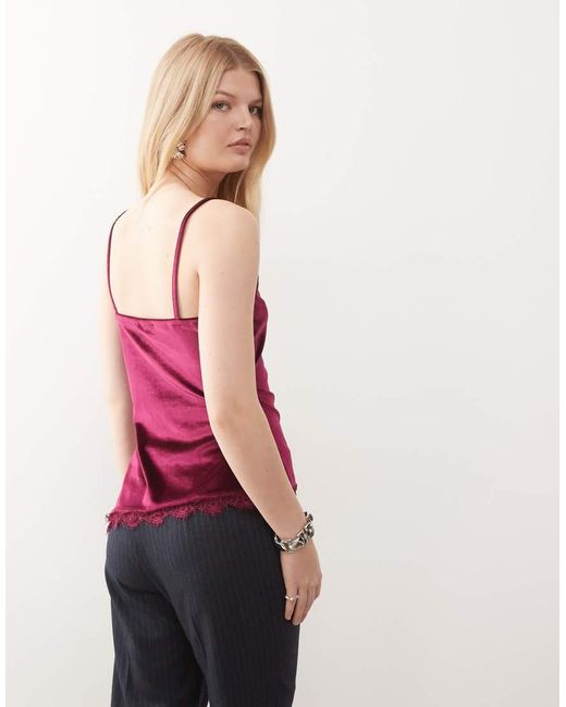 Miss Selfridge Red Asym Velvet Cami Top With Lace Trims