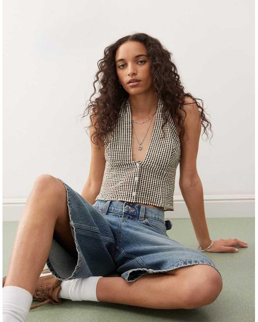 Collusion Blue Woven Halter Neck Gingham Top