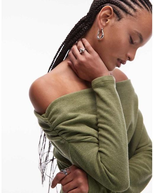 ASOS Green Supersoft Ruched Off Shoulder Long Sleeve Top