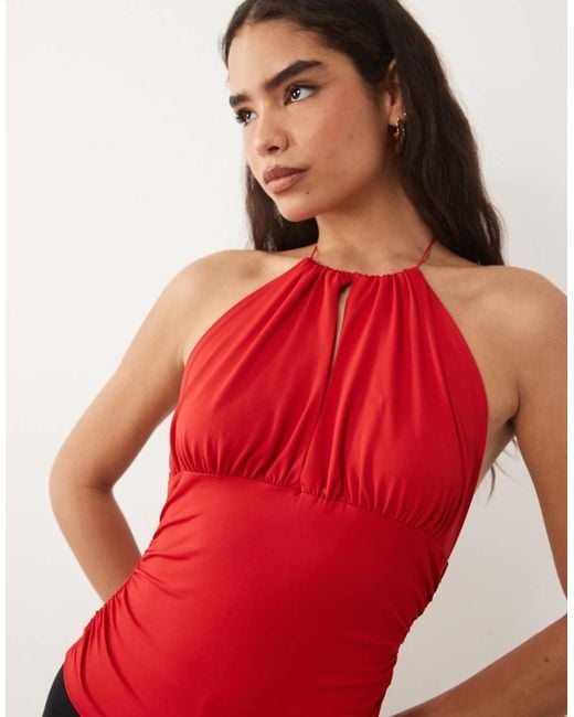 ASOS Red Polyamide High Neck Cinched Waist Halter Top
