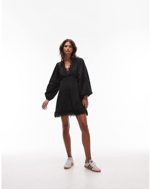 TOPSHOP Black V-neck Lace Mini Tea Dress