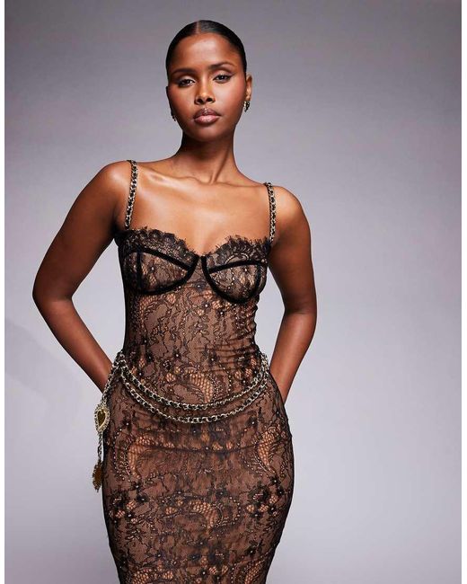 The Dolls House Brown Francesca Lace Cup Detail Maxi Dress With Chain Belt Detail