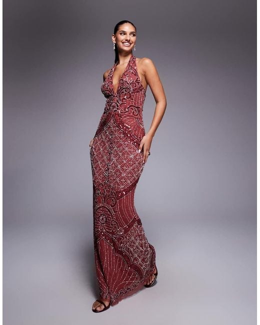 Beauut Purple Fully Embellished Beaded Plunge Halter Neck Maxi Dress
