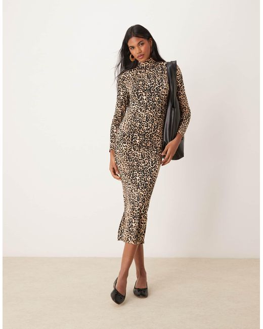 Miss Selfridge Natural – langärmliges, weiches maxikleid mit leopardenmuster und hohem ausschnitt