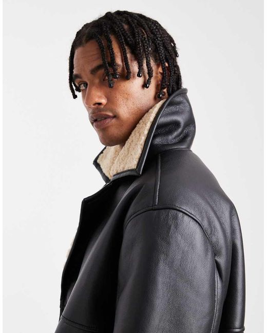 Chaqueta De Aviador Negra De Cuero Sintético Con Forro De Borreguito De ASOS de hombre de color Black