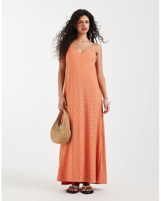 Vero Moda Orange Jersey Floral Broderie Cami Midi Dress