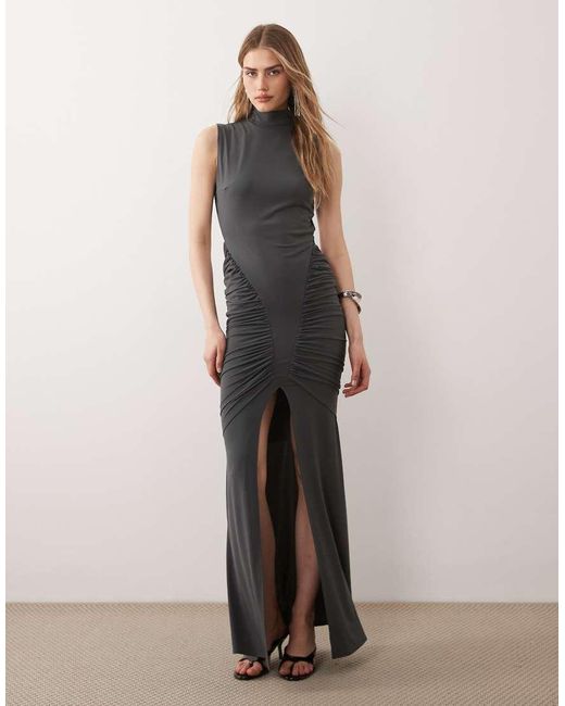 TFNC London Gray Slinky Sleeveless High Neck Ruched Detailing Open Back Maxi Dress