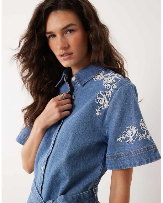 Miss Selfridge Blue Embroidered Denim Dress With Belt