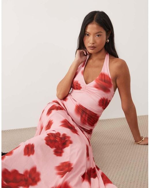 Forever New Red Mesh Halter Neck Ruched Drop Waist Maxi Dress