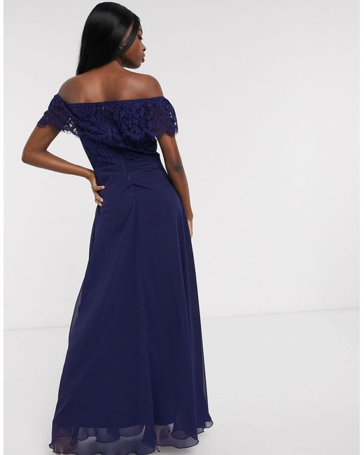 Lace Off Shoulder Maxi Dress in Navy 