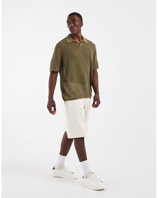 ASOS Green Relaxed Short Sleeve Knitted Mesh Notch Neck Polo for men