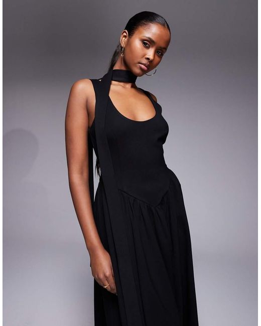 Kaiia Black Exclusive Scoop Neck Scarf Detail Dropped Basque Waist Maxi Dress