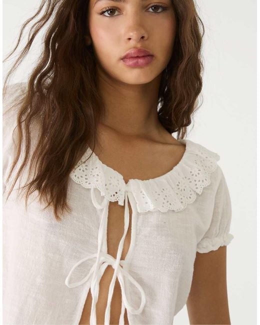 Stradivarius Natural Short Sleeve Shirt With Ruffles