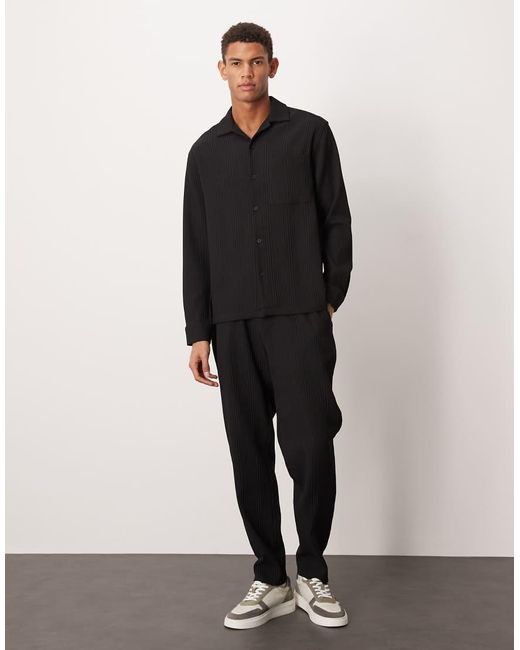 ASOS Black Co-Ord Relaxed Revere Plisse Shirt for men
