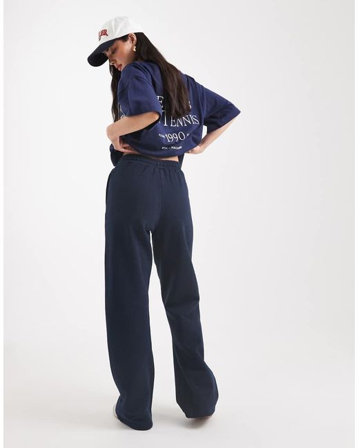 4th & Reckless Blue Cotton Embroidered Logo Seam Detail Wide Leg Sweatpants