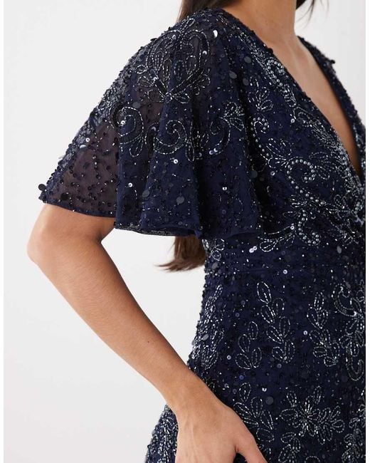 Beauut Blue Embellished V Neck Wrap Flutter Sleeve Maxi Dress