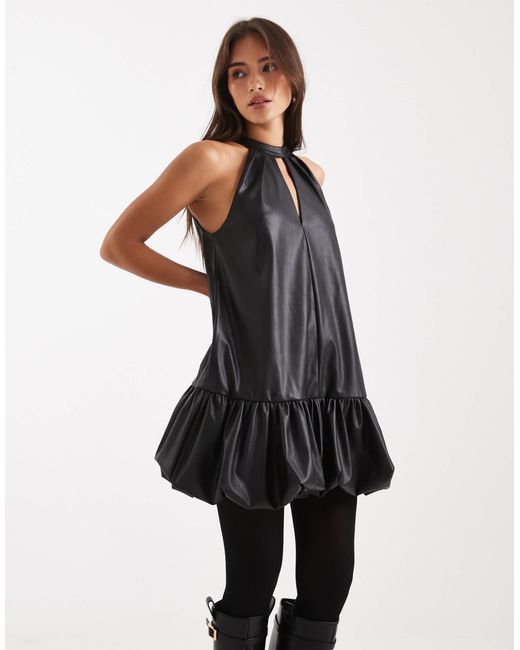 Miss Selfridge Black Faux Leather Bubble Hem Mini Dress