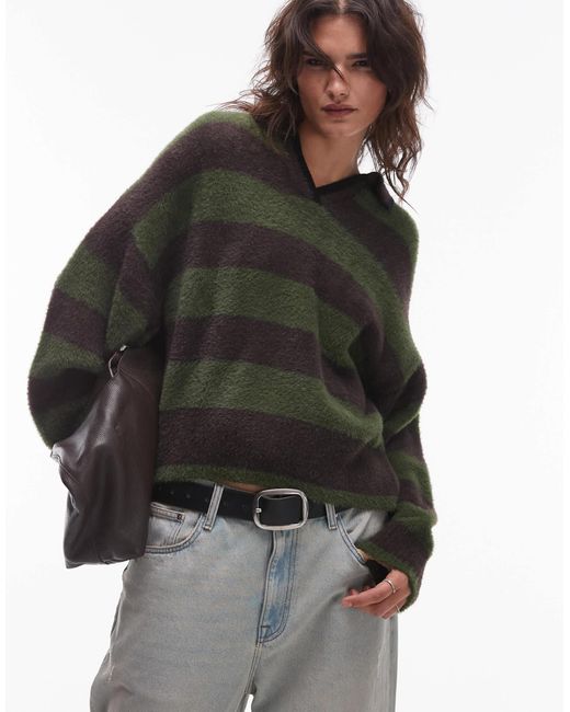 TOPSHOP Black – lockeres flauschiges strick-poloshirt mit streifen