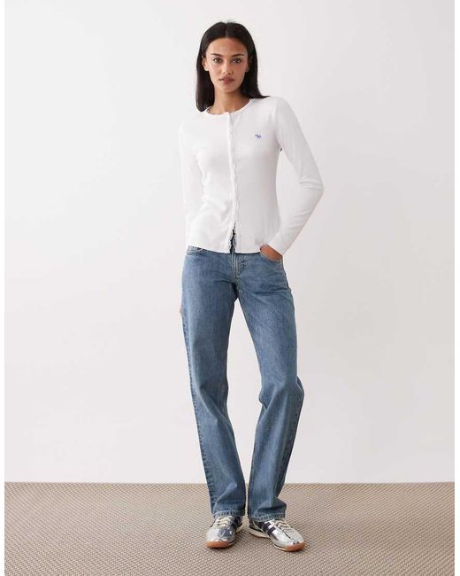 Abercrombie & Fitch White Icon Logo Ribbed Button Through Top