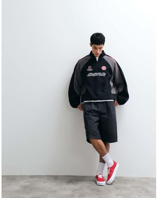 ASOS Black Relaxed Quarter Zip Sweatshirt With Piping And Graphic for men
