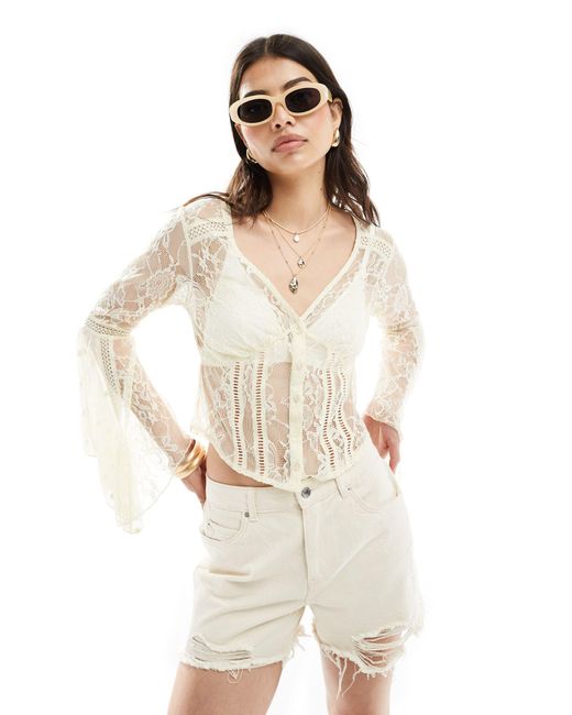 Miss Selfridge White Western Lace Flared Sleeve Button Through Blouse