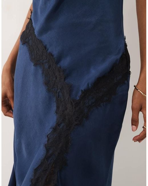 New Look Blue Lace Trim Satin Midi Dress