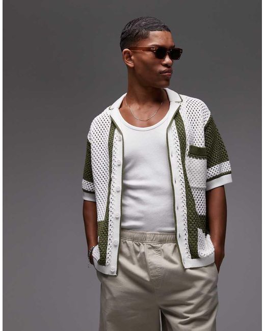 Topman Gray Relaxed Crochet Polo Shirt With Abstract Detail Button Up for men