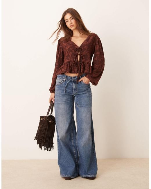 Miss Selfridge Brown Lace Puff Sleeve Tie Front Top