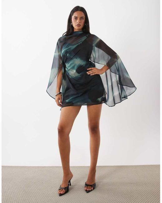 ASOS Blue High Neck Drape Front Extreme Cape Sleeve Mini Dress