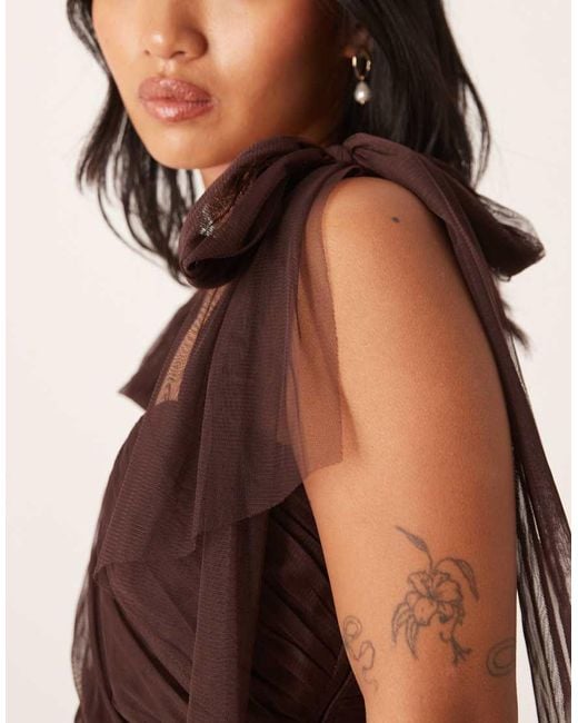 LACE & BEADS Brown Bow Shoulder Tiered Tulle Maxi Dress