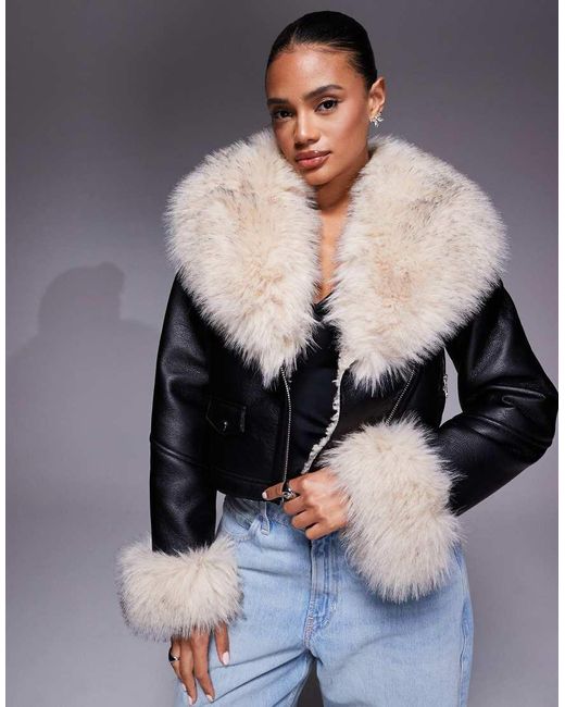 River Island Black Faux Fur Collar Cropped Biker Jacket
