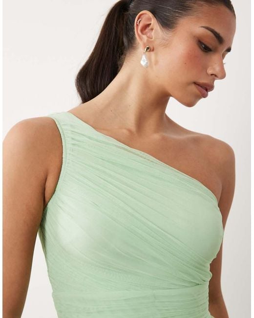 LACE & BEADS Green Bridesmaid Tulle One Shoulder Fitted Waist Maxi Dress