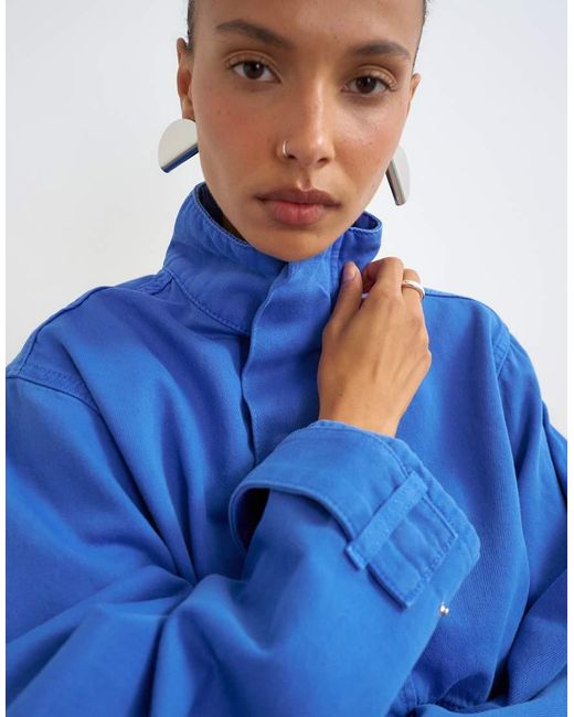 TOPSHOP Blue Denim Funnel Neck Bubble Hem Top