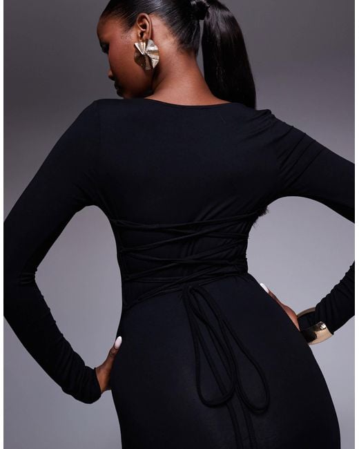 ASOS Blue Long Sleeve Lace-up Back Scoop Neck With Front Slit Maxi Dress