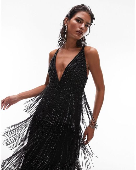 TOPSHOP Black Premium Strappy Embellished Fringe And Beaded Mix Midi Dress
