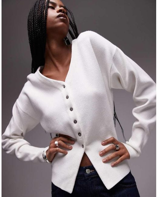 Cárdigan De Corte Alargado Con Cuello De Pico Y Cintura Entallada De Punto Compacto De -Blanco TOPSHOP de color Gray