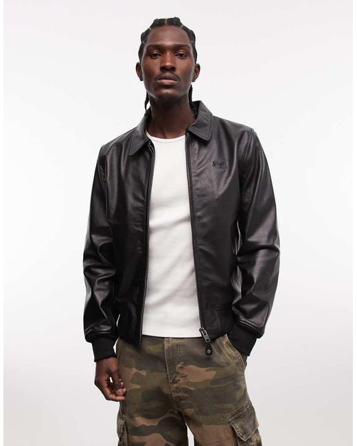 Schott Nyc Black Leather Jacket With Collar for men