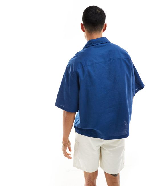 ASOS Blue Boxy Oversized Linen Blend Shirt With Revere Collar for men