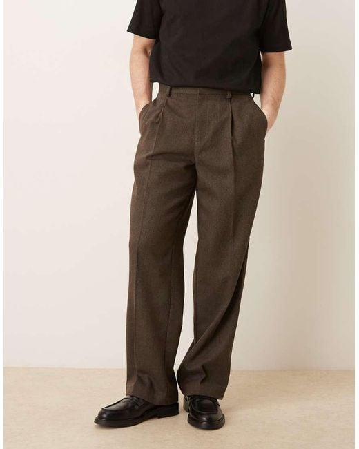 ASOS Brown Smart Pleated Wide Leg Trousers With Wool for men