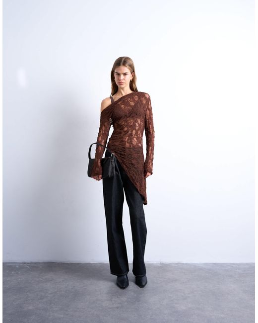 TOPSHOP Brown – langärmliges, schulterfreies spitzenoberteil