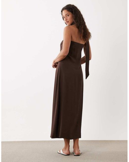 ASOS Natural Bandeua Pleated Trapeze Midi Dress With Scarf Detail