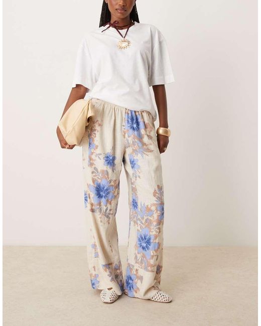 Free People Natural Days End Printed Wide Leg Linen Trousers